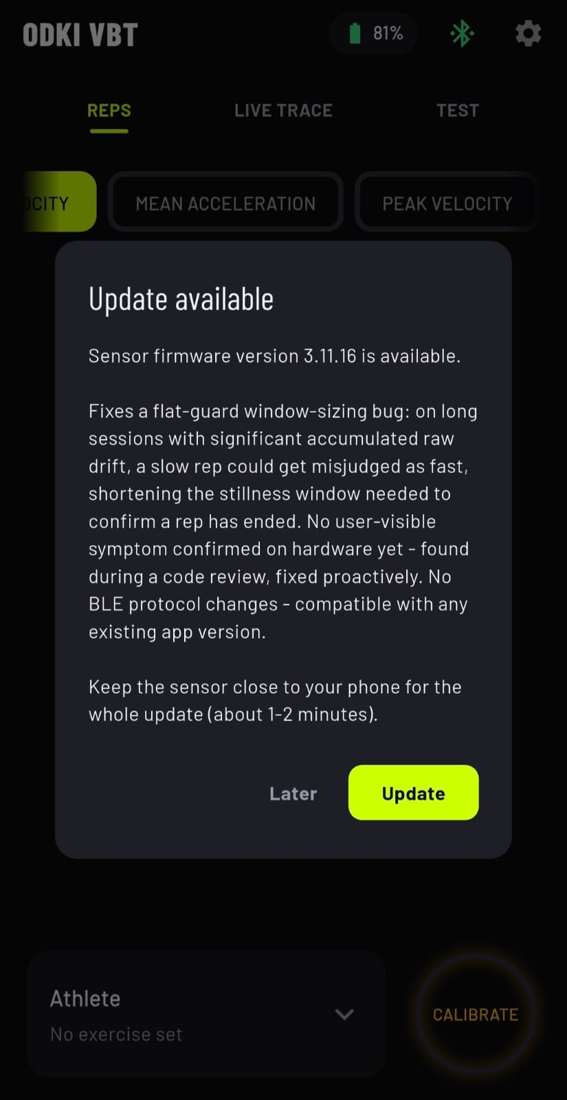 ODKI app — firmware update available dialog with release notes