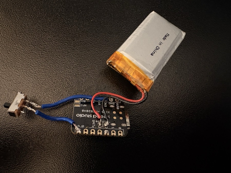 Power switch and battery wired to the XIAO board