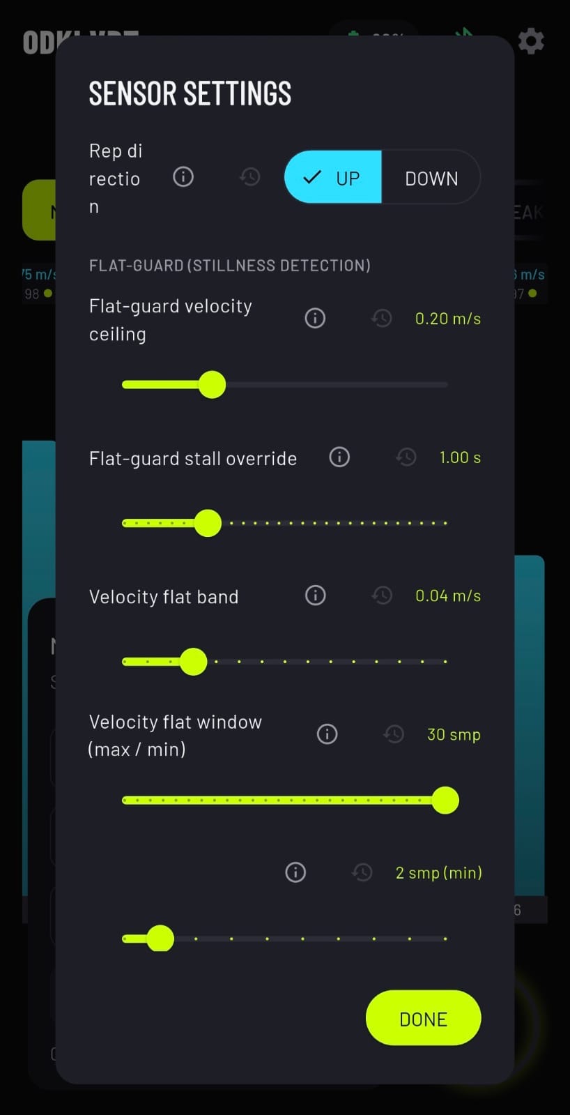 ODKI app — sensor settings with adjustable rep-detection parameters