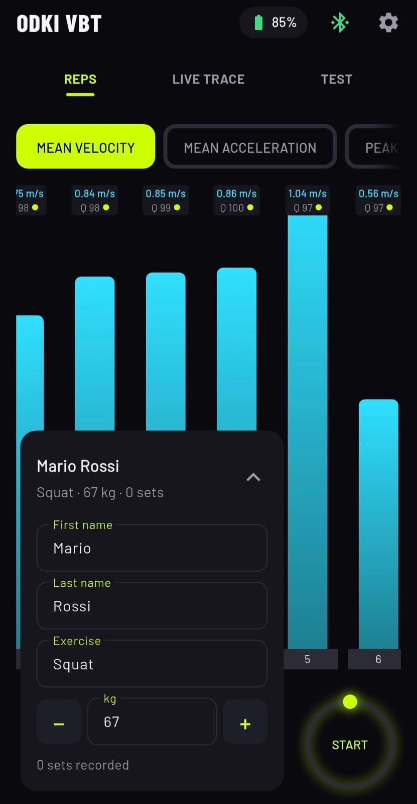 ODKI app — editing athlete name, exercise and load for a session